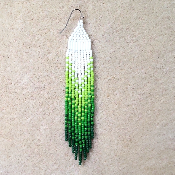 Beaded Earrings -White Bugle beads, White to green seed beads - Picture 2 of 3